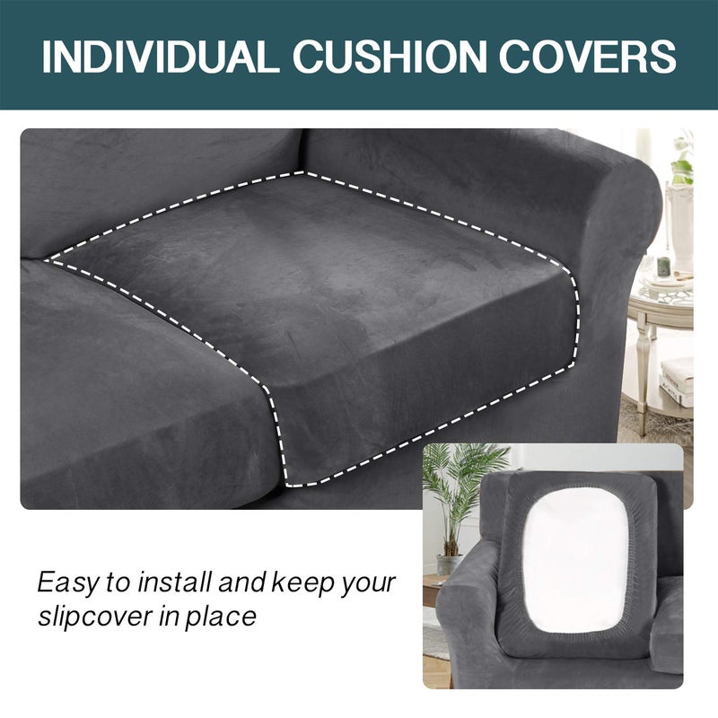FantasDecor 4 Piece Sofa Velvet Couch Covers for 3 Cushion Stretch Slipcover with Individual Seat Cushion Elastic Furniture Protector for Pets, Machine Washable (Sofa, Gray) - Image 4